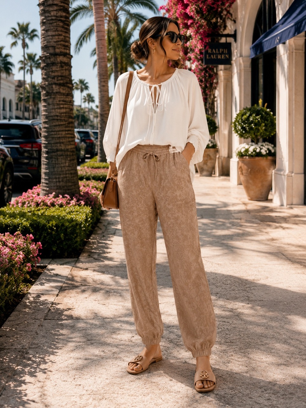 Johnny Was Tan Floral-Texture Drawstring Joggers